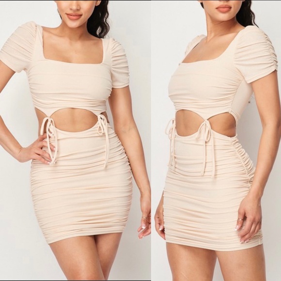 NEW Fashion boutique High quality bodycon dress cute trendy sexy - Beige S M L - Picture 2 of 3